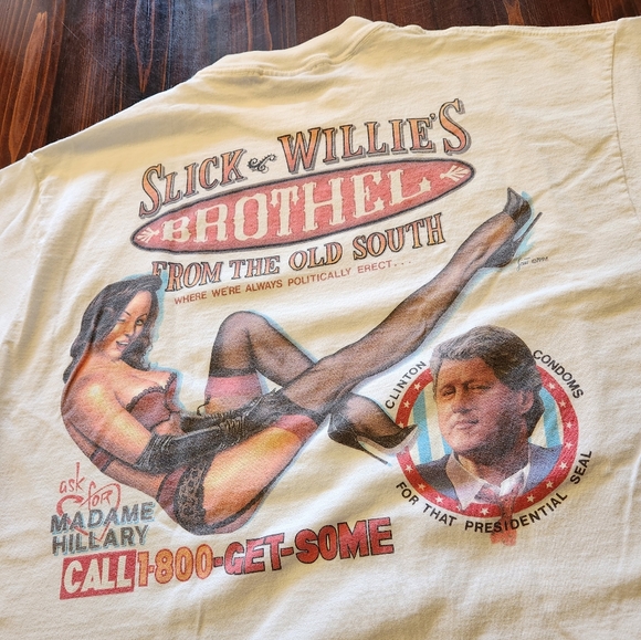 Rare Vintage Bill Clinton "Slick Willie's Brothel" Humor T-Shirt - Size XL - Picture 3 of 7